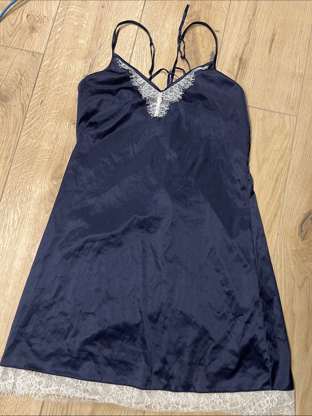 Blush Navy Satin Slip with White Lace Accents